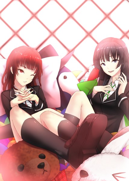 Anime picture 1200x1680 with original ddddddd long hair tall image looking at viewer open mouth blue eyes black hair red eyes multiple girls red hair one eye closed wink legs girl 2 girls socks shoes black socks