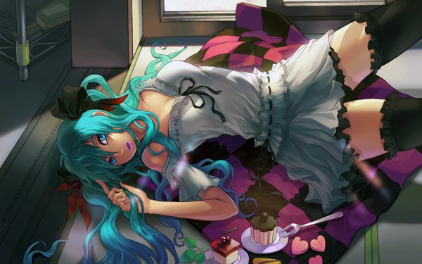 Anime picture 1680x1050 with vocaloid hatsune miku catwyz single long hair blush open mouth light erotic wide image twintails bare shoulders cleavage aqua eyes aqua hair girl thighhighs dress black thighhighs sweets cake