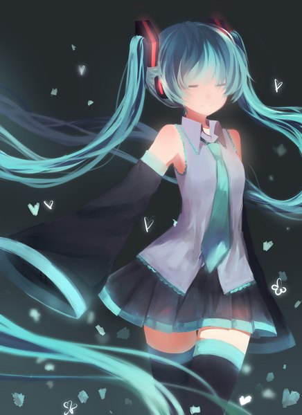 Anime picture 850x1169 with vocaloid hatsune miku nyanku single long hair tall image blush smile twintails bare shoulders eyes closed aqua eyes aqua hair sleeves past wrists girl thighhighs skirt flower (flowers) detached sleeves necktie