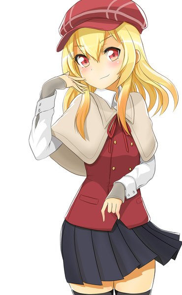 Anime picture 1296x2100 with ryuugajou nanana no maizoukin ikkyuu tensai tagme (artist) single long hair tall image blush blonde hair simple background smile red eyes white background looking away girl thighhighs black thighhighs cape flat cap