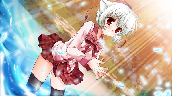 Anime picture 1024x576 with touhou inubashiri momiji single short hair red eyes wide image game cg white hair girl thighhighs black thighhighs