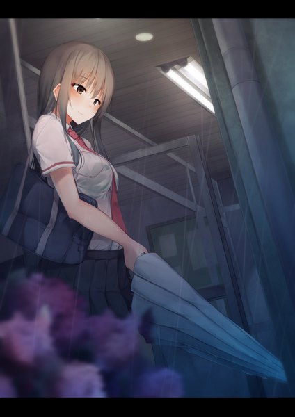 Anime picture 1157x1637 with original waterdog single long hair tall image blush brown hair brown eyes pleated skirt blurry looking down letterboxed rain wet clothes closed umbrella girl skirt uniform flower (flowers) school uniform