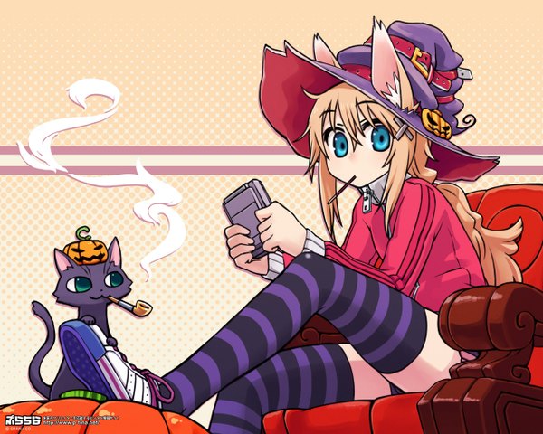 Anime picture 1280x1024 with original chan co long hair blonde hair animal ears cat girl wallpaper halloween girl thighhighs hair ornament animal hairclip cat witch hat striped thighhighs candy sneakers vegetables armchair