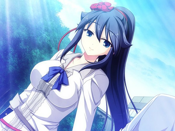 Anime picture 1024x768 with rensai kisou camellia note long hair blue eyes black hair game cg ponytail girl