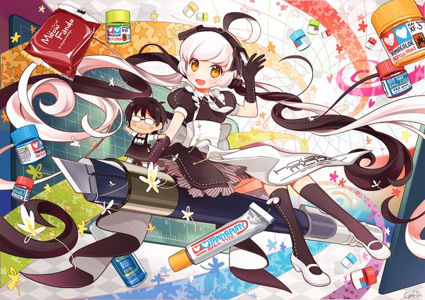 Anime picture 1754x1240 with kun dong neko sakana looking at viewer blush fringe highres short hair open mouth black hair sitting twintails signed yellow eyes full body ahoge white hair very long hair :d multicolored hair two-tone hair