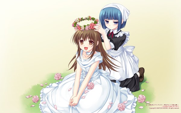 Anime picture 1680x1050 with rui wa tomo wo yobu akatsuki-works wakutsu tomo kayaba akaneko saeki hokuto open mouth blue eyes brown hair wide image multiple girls blue hair maid otoko no ko girl dress flower (flowers) 2 girls rose (roses) apron wreath