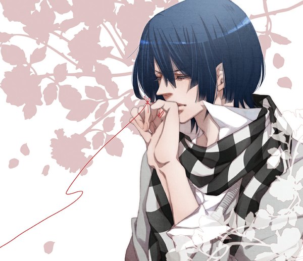 Anime picture 1000x862 with uta no prince-sama a-1 pictures hijirikawa masato hatoya (artist) single short hair simple background white background blue hair eyes closed silhouette twisty sleeves boy flower (flowers) shirt scarf rose (roses) cape thread red thread