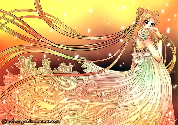 Anime picture 1600x1129 with bishoujo senshi sailor moon toei animation princess serenity nohongo (artist) single long hair looking at viewer blush blue eyes simple background twintails very long hair looking back wind hair bun (hair buns) yellow background orange background girl dress petals