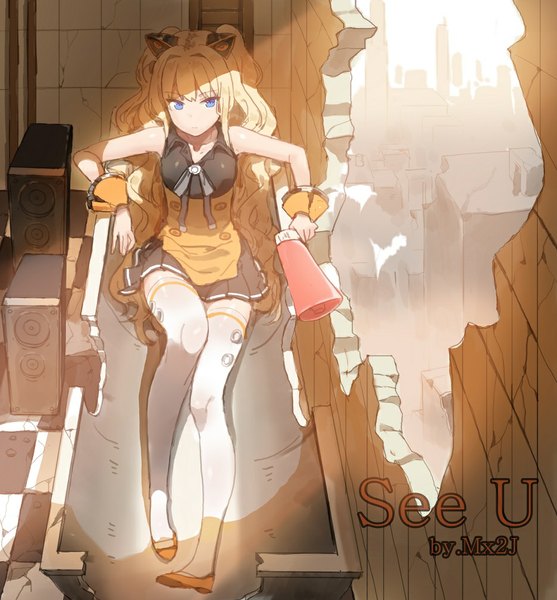 Anime picture 936x1008 with vocaloid seeu mx2j (nsh6394) single long hair tall image looking at viewer blue eyes blonde hair sitting twintails inscription city broken hole girl thighhighs dress hair ornament white thighhighs