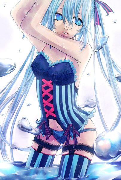 Anime picture 1181x1748 with vocaloid hatsune miku single long hair tall image blue eyes light erotic twintails blue hair cleavage girl thighhighs navel underwear panties ribbon (ribbons) hair ribbon water striped thighhighs