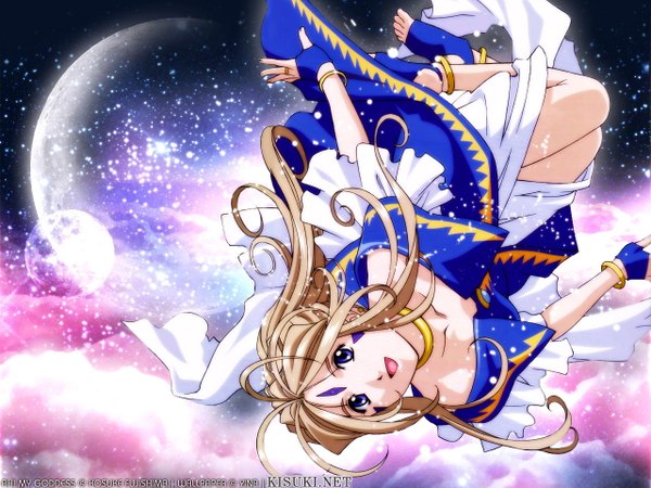 Anime picture 1280x960 with aa megami-sama anime international company belldandy long hair open mouth brown hair purple eyes bare shoulders wallpaper flying dress bracelet fingerless gloves jewelry ring full moon