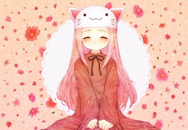 Anime picture 1024x711 with vocaloid toeto (vocaloid) megurine luka megurine luka (toeto) single long hair blush smile sitting pink hair eyes closed wallpaper ^ ^ girl flower (flowers) cap animal hat