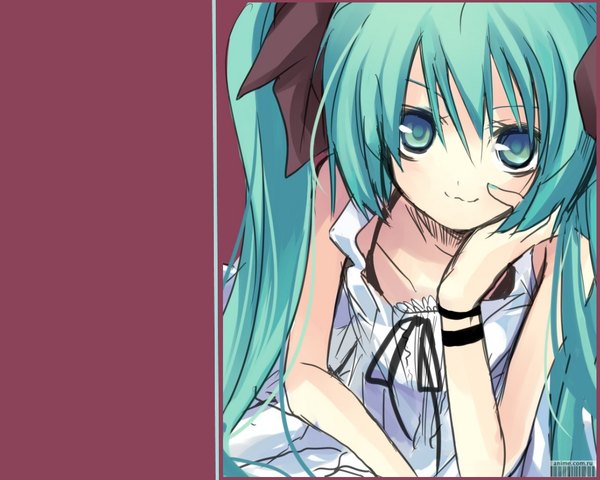 Anime picture 1200x960 with vocaloid hatsune miku single looking at viewer blue eyes simple background twintails nail polish aqua hair :3 girl dress bow