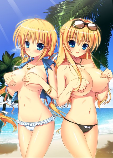 Anime picture 2740x3821 with manatsu no yoru no yuki monogatari kagamatsuri mana kagamatsuri koromo mikeou long hair tall image blush highres breasts blue eyes light erotic blonde hair twintails multiple girls game cg beach girl navel ribbon (ribbons) 2 girls