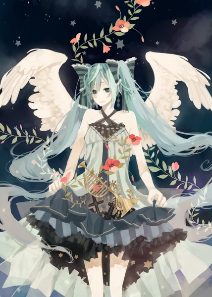 Anime picture 1512x2121 with vocaloid hatsune miku anbivarens (artist) single tall image bare shoulders very long hair nail polish aqua eyes aqua hair night angel wings girl flower (flowers) bow plant (plants) hair bow wings star (symbol) sundress