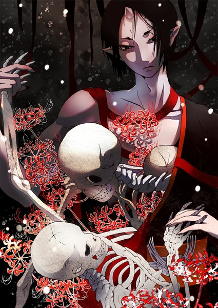 Anime picture 708x1000 with hoozuki no reitetsu wit studio hoozuki (hoozuki no reitetsu) kibi (pixiv298748) tall image short hair black hair traditional clothes japanese clothes horn (horns) pointy ears black eyes holding hands skeleton flower (flowers) ribbon (ribbons) kimono higanbana