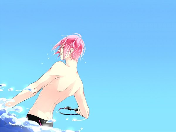 Anime picture 1280x960 with free! kyoto animation matsuoka rin tagme (artist) single short hair simple background smile pink hair sky profile pink eyes from behind wet back blue background boy water goggles splashes