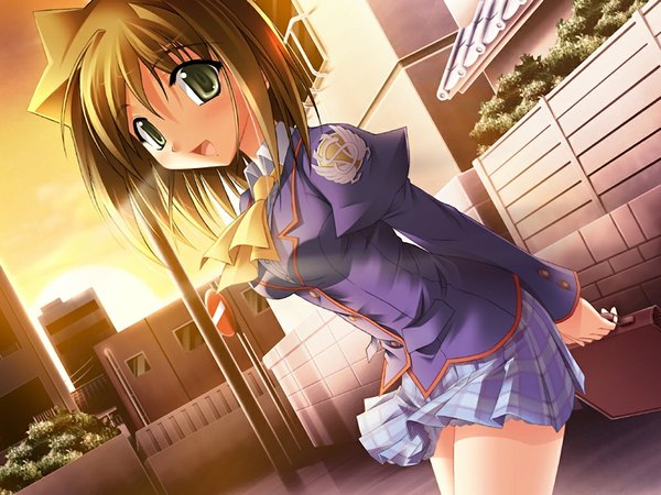 Anime picture 1024x768 with koimomo short hair open mouth brown hair green eyes game cg evening sunset girl serafuku