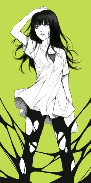 Anime picture 1242x2490 with original tonee single long hair tall image fringe simple background standing looking away parted lips lips floating hair torn clothes monochrome hand on head green background girl dress short dress leggings