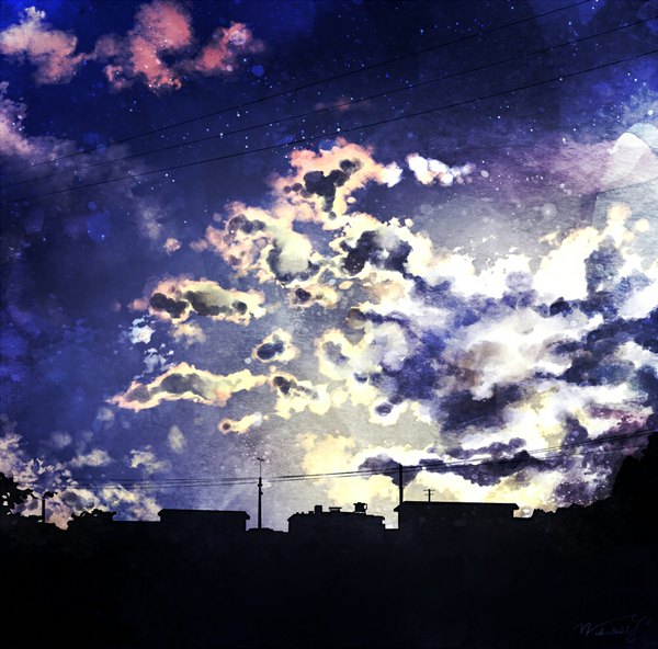 Anime picture 1000x987 with original wakatuki cloud (clouds) night night sky city cityscape no people landscape leaf (leaves) building (buildings) star (stars) house