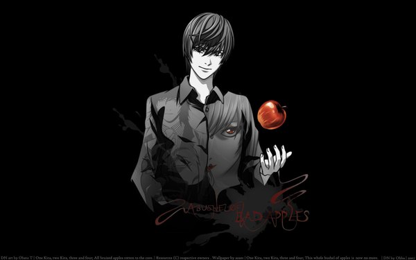 Anime picture 1920x1200 with death note madhouse yagami light amane misa mikami teru highres short hair smile red eyes wide image signed inscription black background monochrome open collar girl boy shirt necktie fruit