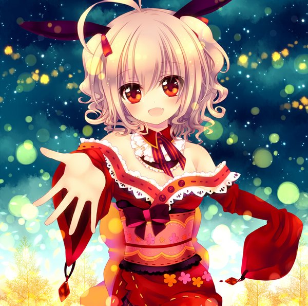 Anime picture 876x870 with momoiro taisen pairon konno kengo single blush short hair open mouth smile bare shoulders animal ears ahoge white hair orange eyes bunny ears light girl dress plant (plants) tree (trees) belt