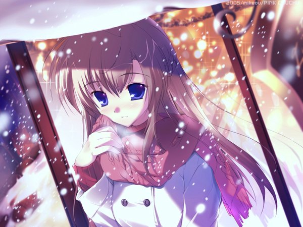 Anime picture 1600x1200 with pink chuchu (artbook) mikeou single blue eyes from above snowing winter snow girl scarf