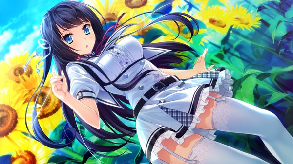 Anime picture 1280x720 with natsu no iro no nostalgia moonstone manazuru misaki yamakaze ran single long hair looking at viewer open mouth blue eyes black hair wide image game cg girl thighhighs uniform flower (flowers) school uniform white thighhighs sunflower