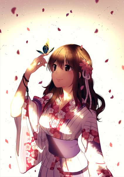 Anime picture 800x1135 with original rosuuri long hair tall image blush fringe smile brown hair brown eyes looking away long sleeves traditional clothes japanese clothes arm up hair flower sunlight wide sleeves floral print butterfly on hand girl