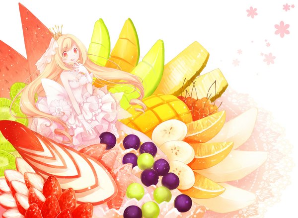 Anime picture 1000x730 with original koto (colorcube) single long hair blonde hair white background bare shoulders yellow eyes parted lips barefoot drill hair finger to mouth wedding girl dress gloves food white gloves jewelry fruit