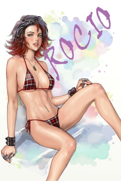 Anime picture 800x1200 with canvas of life (manga) rocio (canvas of life) whiskypaint single tall image looking at viewer short hair breasts light erotic multicolored hair lips two-tone hair grey eyes piercing borrowed character girl swimsuit bikini choker ring