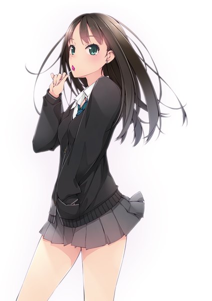 Anime picture 1131x1600 with idolmaster idolmaster cinderella girls shibuya rin murakami suigun single long hair tall image looking at viewer blush simple background brown hair white background green eyes pleated skirt hand in pocket revision girl skirt uniform school uniform