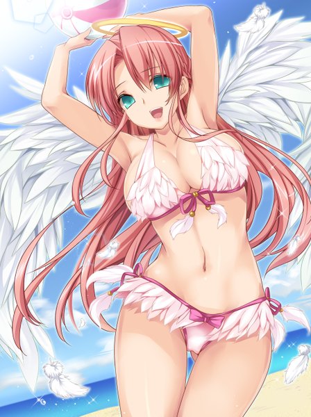 Anime picture 1020x1364 with original moneti (daifuku) single long hair tall image looking at viewer breasts open mouth blue eyes light erotic large breasts pink hair girl navel swimsuit bikini wings feather (feathers) halo
