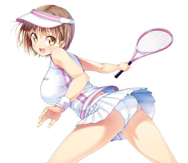 Anime picture 1386x1200 with original ichi makoto single blush short hair breasts open mouth light erotic simple background brown hair large breasts white background holding brown eyes girl uniform underwear panties white panties gym uniform