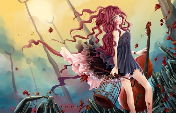 Anime picture 1200x776 with original cindiq single long hair signed red hair wind tears wavy hair silver eyes girl dress autumn leaves cage bow (instrument) cello