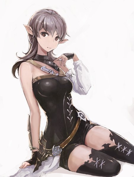 Anime picture 1468x1945 with final fantasy final fantasy xiv square enix shimo yake single long hair tall image looking at viewer fringe breasts simple background smile white background sitting bare shoulders brown eyes bent knee (knees) pointy ears grey hair girl