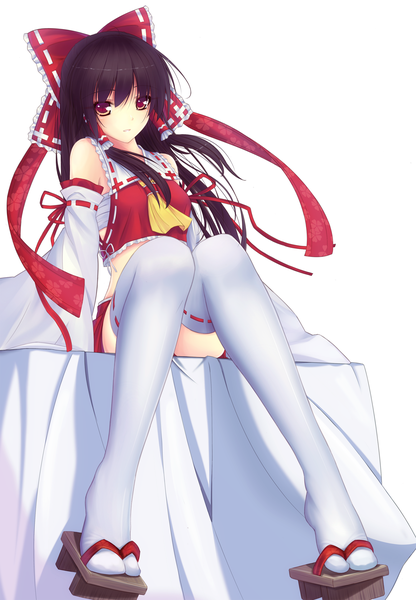 Anime picture 1500x2160 with touhou hakurei reimu scarlethy (artist) long hair tall image black hair simple background red eyes white background bare shoulders girl thighhighs skirt bow hair bow detached sleeves white thighhighs skirt set