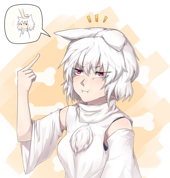 Anime picture 1000x1050 with touhou inubashiri momiji ldl single tall image short hair breasts red eyes bare shoulders animal ears silver hair wide sleeves eyebrows wolf ears pointing hand on another's head bone (bones) pout no hat headpat