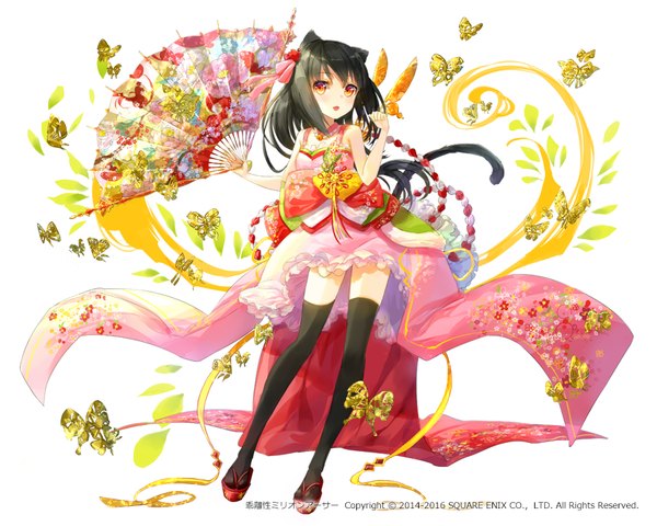 Anime picture 900x720 with million arthur (series) kaku-san-sei million arthur square enix fuumi (radial engine) single long hair blush fringe open mouth black hair red eyes white background bare shoulders animal ears yellow eyes tail traditional clothes animal tail cat ears cat tail
