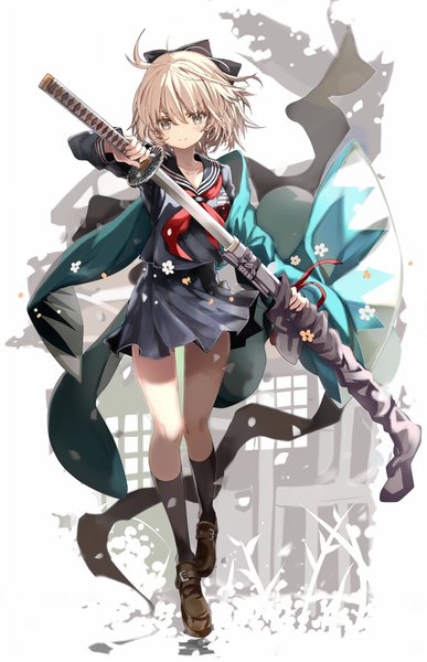 Anime picture 711x1100 with fate (series) okita souji (fate) (all) okita souji (koha-ace) shino (eefy) single tall image looking at viewer short hair blonde hair smile holding full body traditional clothes japanese clothes grey eyes thigh gap walking messy hair girl uniform