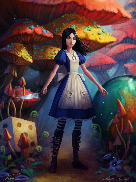 Anime picture 750x1000 with american mcgee's alice (game) alice: madness returns alice (american mcgee's) zolaida (artist) single long hair tall image black hair green eyes lips realistic girl thighhighs dress boots striped thighhighs knife