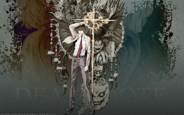 Anime picture 1440x900 with death note madhouse yagami light ryuk rem (death note) wide image signed boy