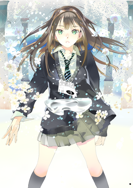 Anime picture 850x1202 with idolmaster idolmaster cinderella girls shibuya rin 119 single long hair tall image looking at viewer brown hair green eyes plaid skirt single shoe girl skirt uniform flower (flowers) school uniform miniskirt shirt petals