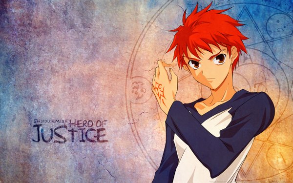 Anime picture 2560x1600 with fate (series) fate/stay night studio deen type-moon emiya shirou single looking at viewer highres short hair red eyes wide image red hair inscription magic magic circle