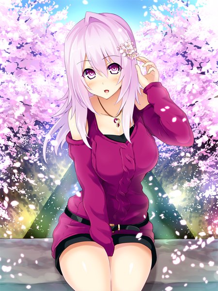Anime picture 750x1000 with cu-no yayoi sakura hisenkaede single long hair tall image blush fringe open mouth hair between eyes sitting bare shoulders pink hair sky cloud (clouds) bent knee (knees) pink eyes cherry blossoms adjusting hair river