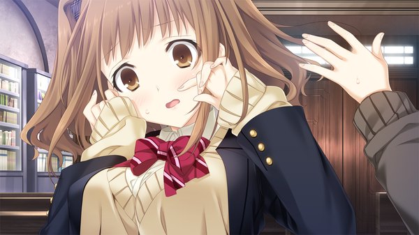 Anime picture 1280x720 with kiss bell giga nagatsuda yumi blush short hair breasts open mouth brown hair wide image large breasts twintails brown eyes game cg short twintails hand on cheek scared girl uniform bow school uniform