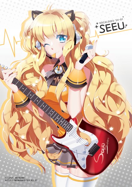 Anime picture 1000x1415 with vocaloid seeu monami. (sakaki0703) single long hair tall image blue eyes blonde hair smile holding animal ears pleated skirt one eye closed wink inscription mouth hold fake animal ears girl thighhighs skirt