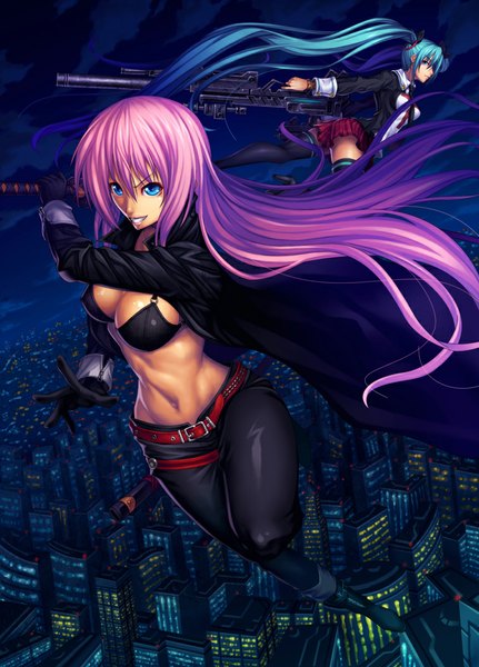 Anime picture 756x1051 with vocaloid hatsune miku megurine luka aka (shoumae) long hair tall image breasts blue eyes light erotic twintails multiple girls pink hair cloud (clouds) very long hair aqua hair night midriff city city lights girl