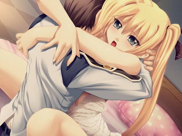 Anime picture 1024x768 with minna daisuki kozukuri banchou kinjou tsubaki long hair open mouth light erotic blonde hair green eyes game cg girl boy