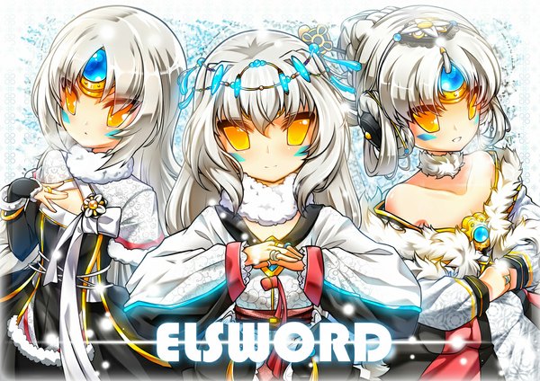 Anime picture 1063x752 with elsword eve (elsword) poseich long hair looking at viewer blush smile bare shoulders multiple girls yellow eyes white hair inscription text multiple persona girl hair ornament 3 girls ring